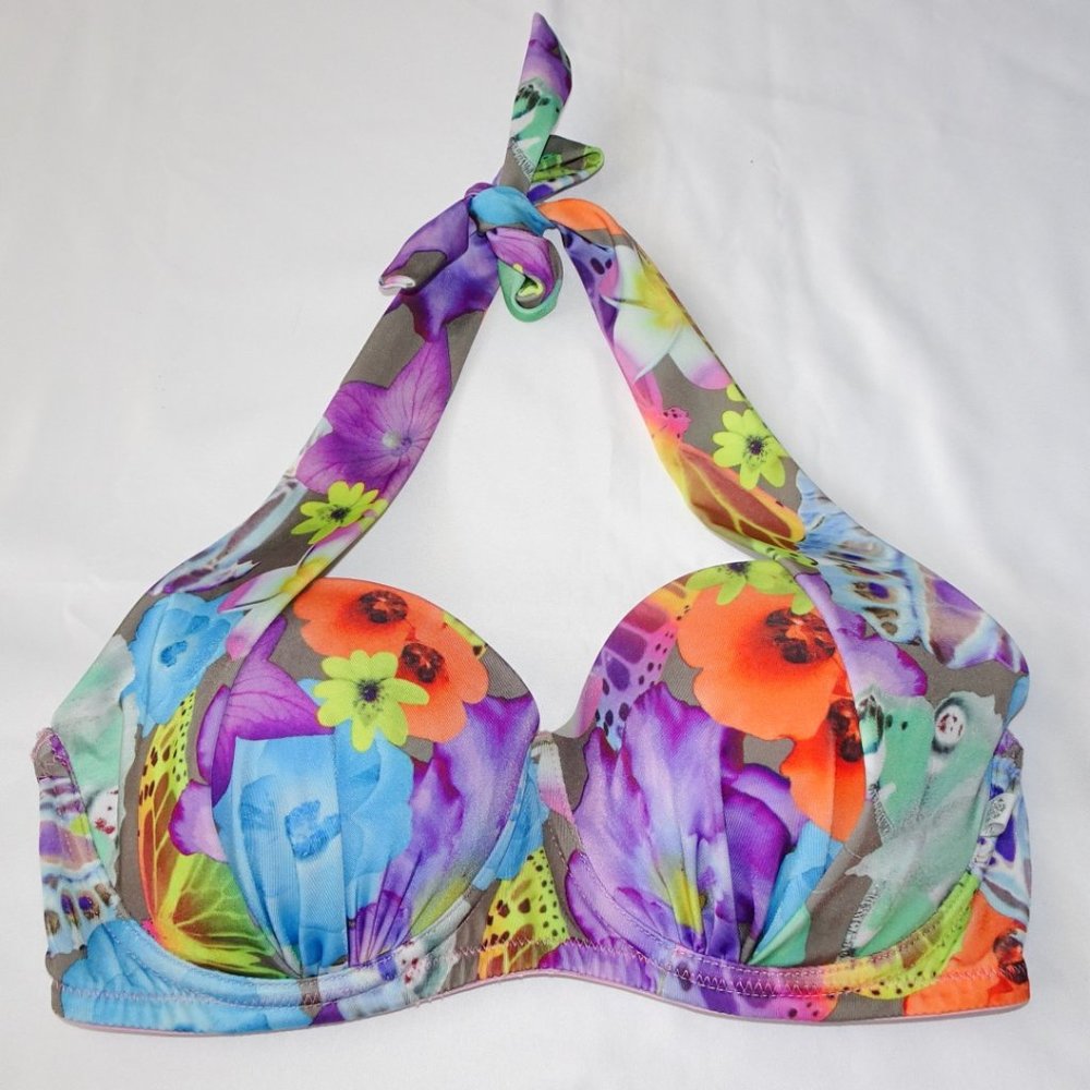 La Vie En Rose Aqua Floral Multicolor Halter Push Up Bikini Top